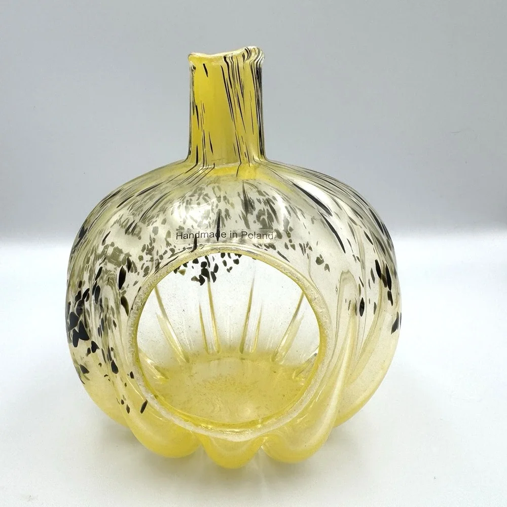 Handmade Polish Art Glass Candle Holder Yellow Black Spatter Pumpkin